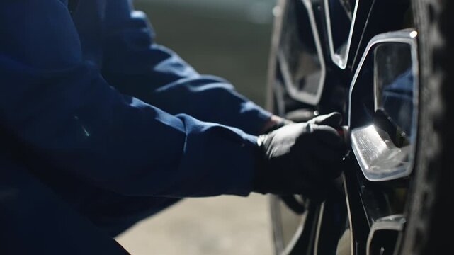 Close-up of a mechanic in blue coveralls using a wrench to tighten lug nuts on a modern alloy car wheel, highlighting careful tire maintenance with precise torque in auto service