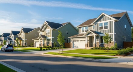 Obraz premium Suburban homes in a residential neighborhood with green lawns and a blue sky background