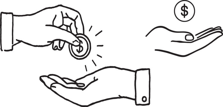Money transaction icons, Hand giving and receiving money black and white sketch