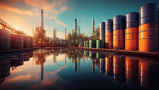 refinery barrels reflecting plant