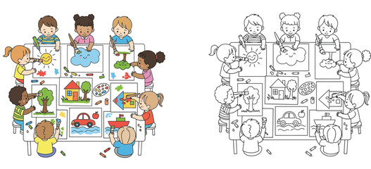 Obraz premium Diverse Kids Group Painting and Drawing Around a Table Art Class Scene with Coloring Page Version, Preschool Education Creative Activity and School Activity Vector Illustration