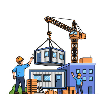 professional construction site workers signaling a tower crane lifting modular building containers, safety coordination, project planning, structural assembly