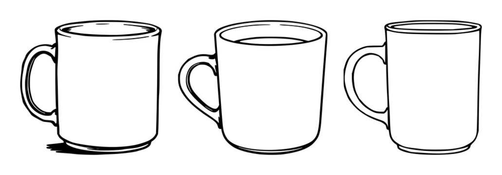 Retro mug set with simple black line art featuring a coffee cup, tea mug, and ceramic drinkware with vintage and doodle styles