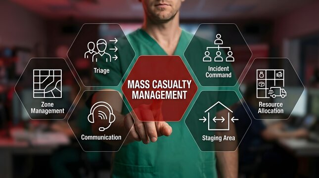 Professional healthcare demonstrating emergency preparedness and mass casualty management using interactive digital icons. Ideal for medical training, and healthcare communication materials.