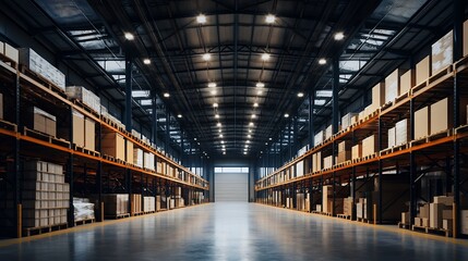 Fototapeta premium Interior view of a large modern warehouse with rows of storage racks