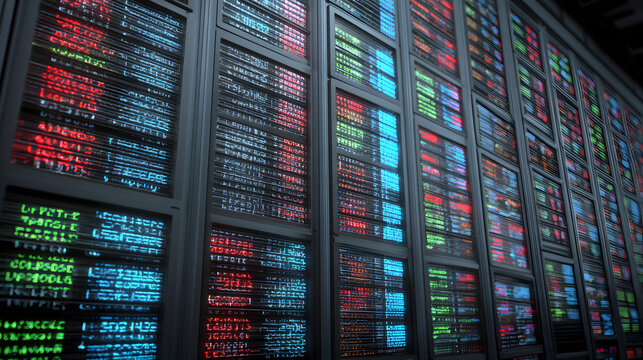 Vibrant 3D render of a real-time ticker feed on multiple digital screens in a data center, displaying financial market data and complex algorithms, isolated on transparent background.