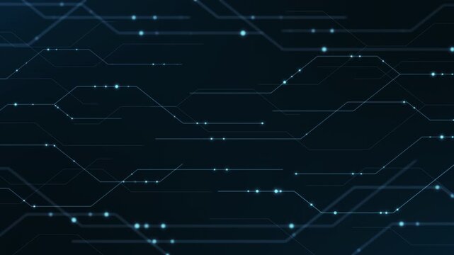 Abstract circuit board lines, cyber technology, glowing electrons on dark blue background. Futuristic lines. 4k video