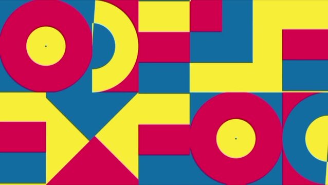 Abstract Geometric Bauhaus Style Motion Graphics: Seamless Pattern of Rotating Circles, Squares, and Triangles in Primary Colors (Red, Yellow, Blue)