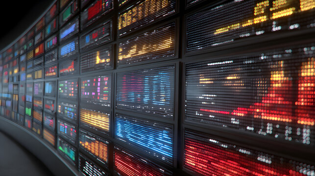 Panoramic 3D render of multiple real-time ticker feeds on a curved digital wall, displaying diverse financial data and global market insights, isolated on transparent background.