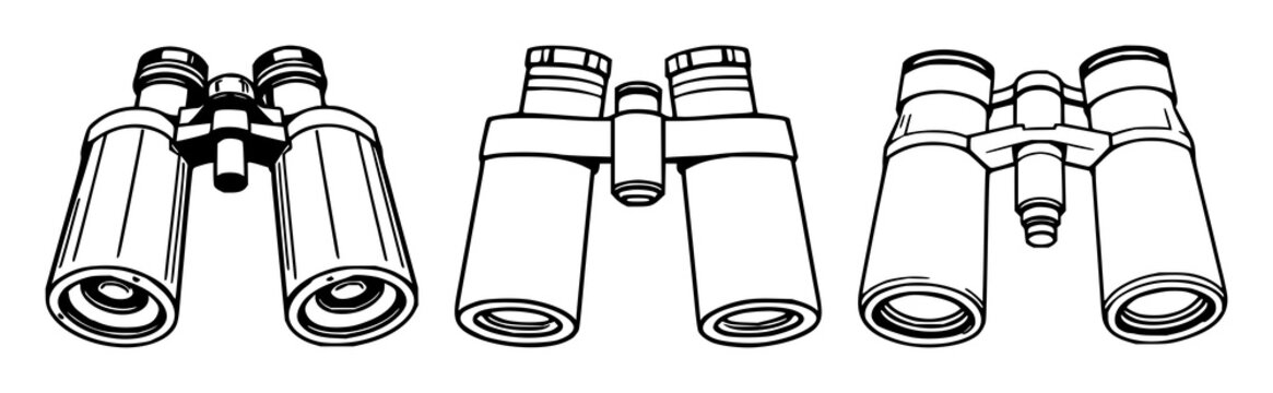 Binoculars set with black line art on white background featuring optical, grid lines, lens with viewfinder and eyepiece and glasses