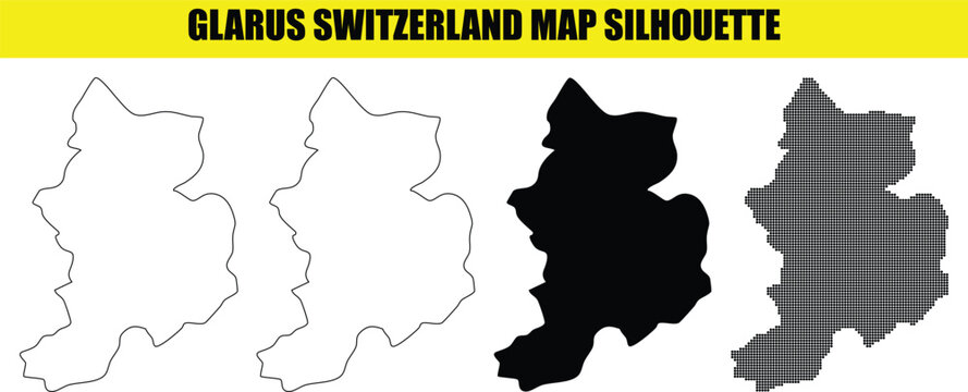 Glarus switzerland map silhouette bundle with various artistic styles including solid and halftone dotted vector.