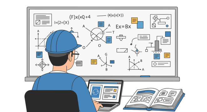 Engineer in hard hat studying complex formulas and diagrams on a whiteboard with laptop and book