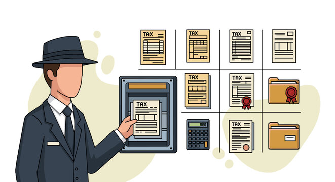 A man wearing a hat and formal suit inserts a tax document into a secured wall safe surrounded by digital icons of financial forms and folders in a modern workspace.