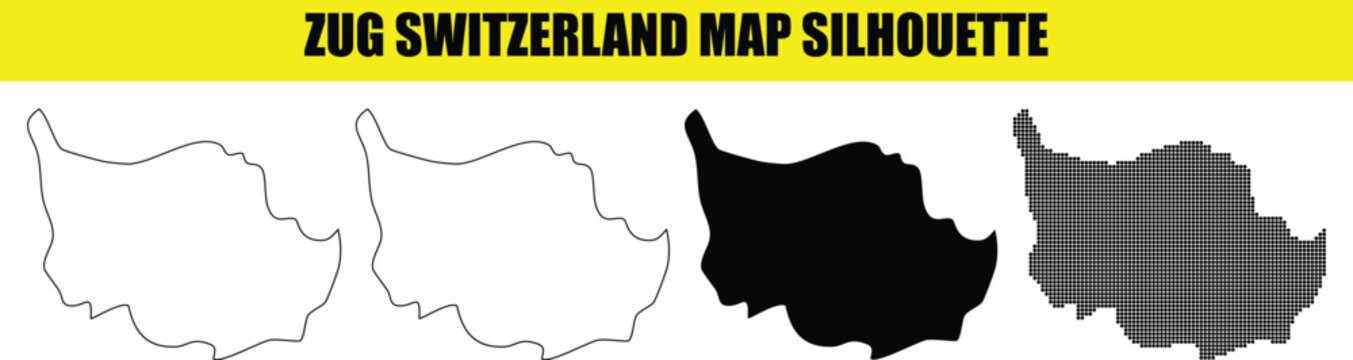 Zug switzerland map silhouette in white outline black fill dotted and filled designs.