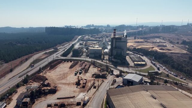 Aerial view of Vi&ntilde;ales thermal biomass power plant and sawmill in Chile.
