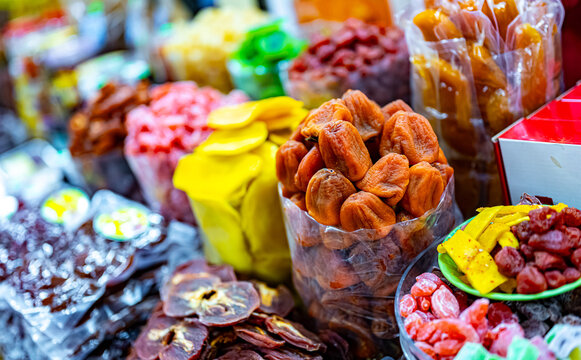 Dried fruits and sweet food sold at Da Lat market, Vietnam