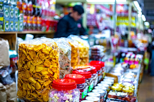 Dried fruits and sweet food sold at Da Lat market, Vietnam