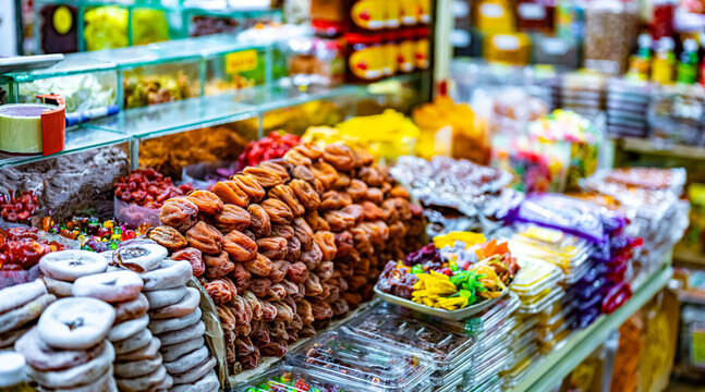 Dried fruits and sweet food sold at Da Lat market, Vietnam