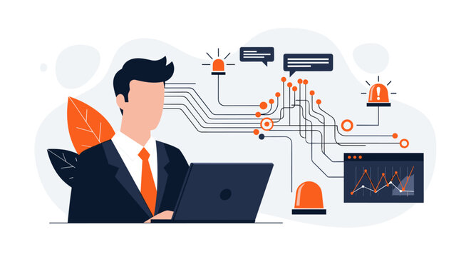 A corporate professional types on a laptop integrated into a network of glowing circuit lines and warning siren icons within a clean, abstract tech-oriented digital environment.
