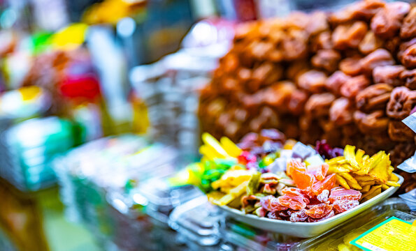 Dried fruits and sweet food sold at Da Lat market, Vietnam