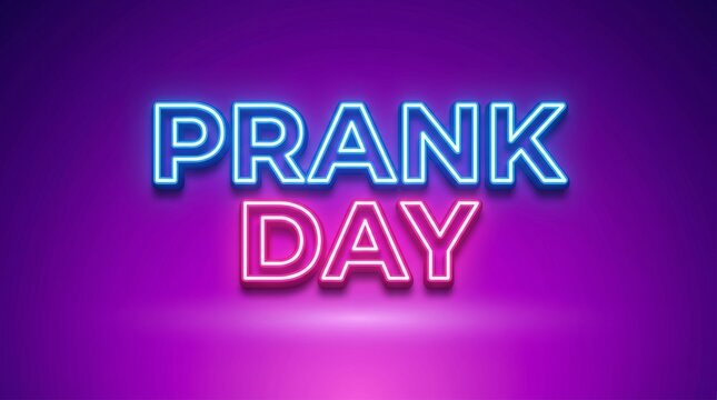 Prank Day neon sign text with glowing blue and pink letters on a dark purple background for April Fools celebration design