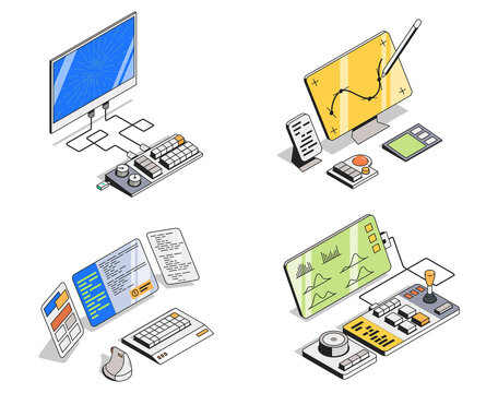 Isometric computer control station illustration