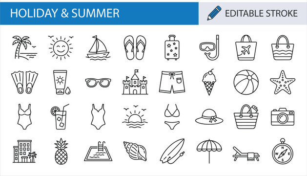 Holiday and summer icon set featuring beach, sun, sailboat, flip-flops, luggage, snorkel,sunglasses, sandcastle, ice cream, surfboard, pool, umbrella, vacation, tropical fun, summer travel, sun hat.