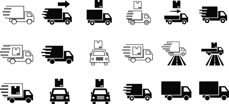 Delivery truck and package icon set, fast shipping silhouettes, courier service graphics, logistics transport symbols, express cargo distribution illustrations