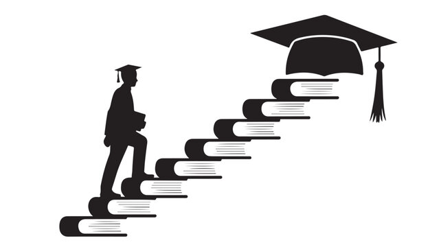 Education Career Path Silhouette of Graduate Walking Up Book Staircase to Success