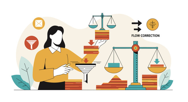 A woman balances data inputs on a golden scale while utilizing a black funnel for information processing in an illustrated workspace with soft earth tones and icons.
