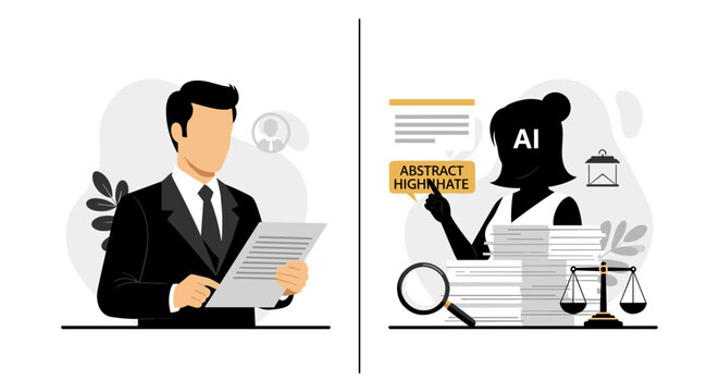 Man with document and silhouette pointing at abstract data with AI and legal scales in a split image.