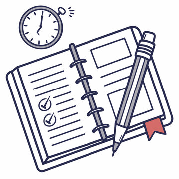 Cartoon of a gray pencil on a spiral notebook with a clock education