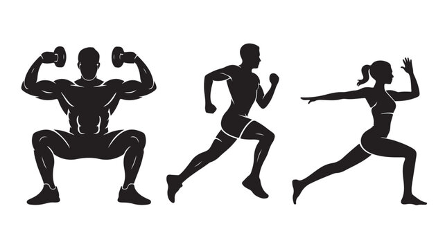 Fitness Training Silhouettes of People Running and Lifting Dumbbells for Gym and Workout Concepts