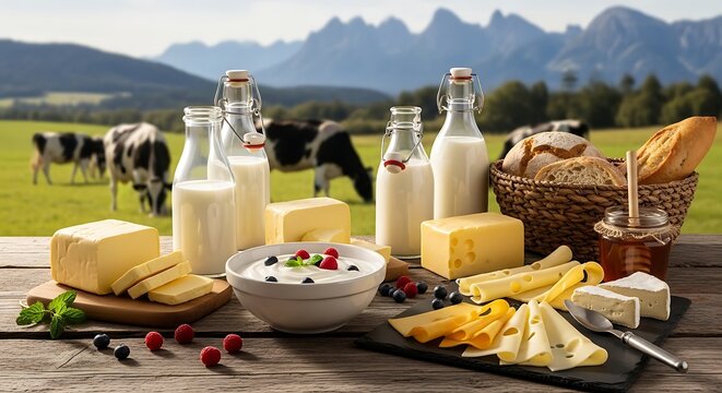 Dairy products on table.