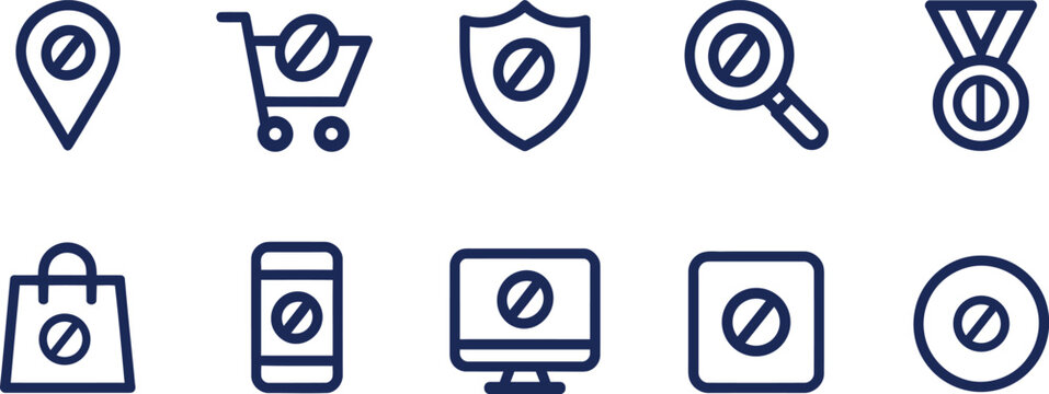 Set of ten blue line icons depicting restricted or forbidden actions and items isolated on transparent background