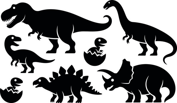 Set of various dinosaurs silhouettes on white background for design