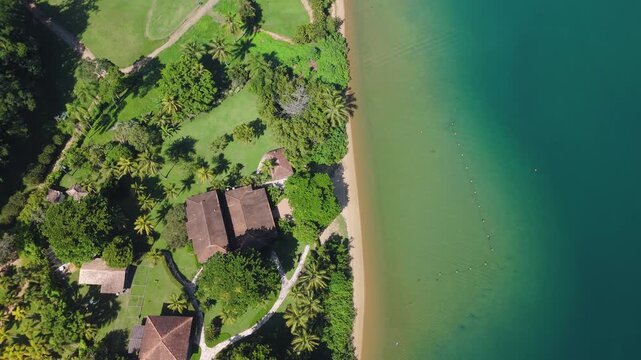 Aerial view of the coast of the tropical island of Ilha Grande near the town of Angra dos Reis in Brazil