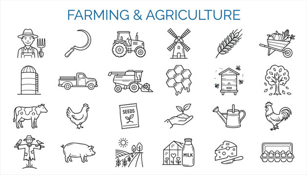 Farming and agriculture icon set including farmer, tractor, crops, animals, seeds, beekeeping, watering, and harvest tools symbols.