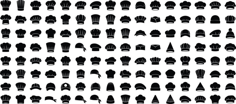 Chef hats silhouettes icons. Large set of chef hats silhouettes icons. Collection of professional cook toques and bakery headwear symbols. Vector Illustration