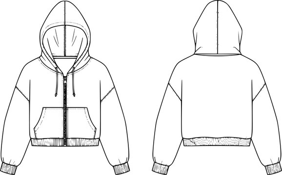 Cropped hoodie technical fashion flat sketch, zip up front view back view line drawing, CAD vector illustration template
