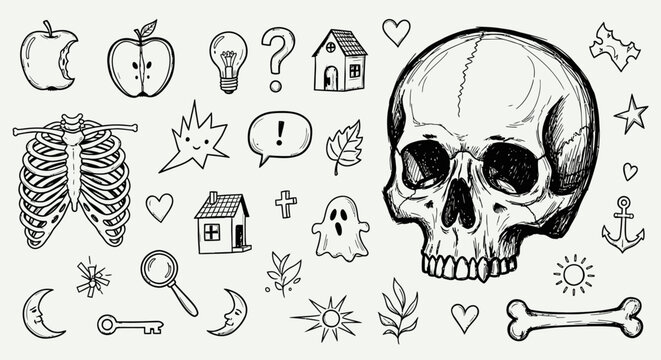 Skulls and Symbols: A collection of hand-drawn graphic elements featuring a detailed skull, ribcage, house, ghost, apple, lightbulb, question mark, stars, moons, hearts, leaves.