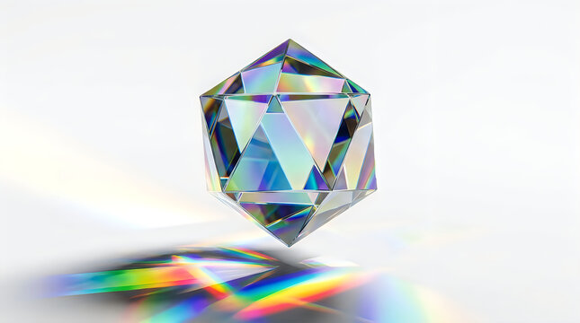 Large faceted crystal gemstone with rainbow light reflection on white surface