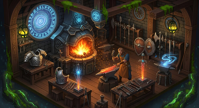 Fantasy Blacksmith Forge Armory with Orc Blacksmith Hammering Glowing Sword