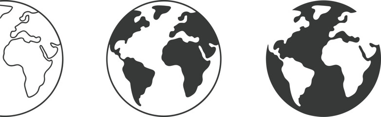 Earth globe icons, world map, continents, geography illustration, planet design, global concept, black and white, education, travel, environment © SUMAIYA