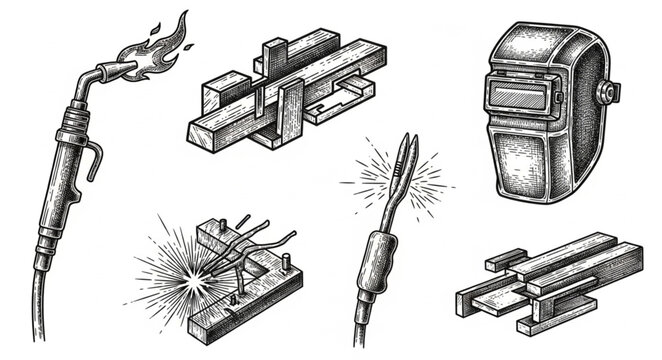 Welding equipment and metal fabrication tools illustration.