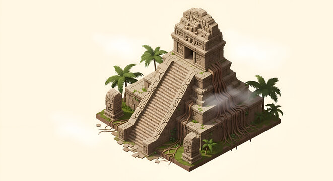 Ancient Mayan Pyramid Temple in Jungle, Stone Architecture, Tropical Island