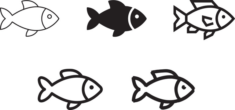 Set of five different fish icons featuring minimal thin line outlines solid black silhouettes geometric shapes rounded strokes and bold line styles for creative design projects and patterns Vector