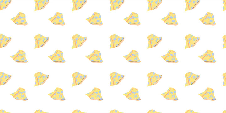Seamless pattern with yellow floral bucket hats, vector repeatable background of summer headwear icons, trendy textile and wallpaper design with sun hats