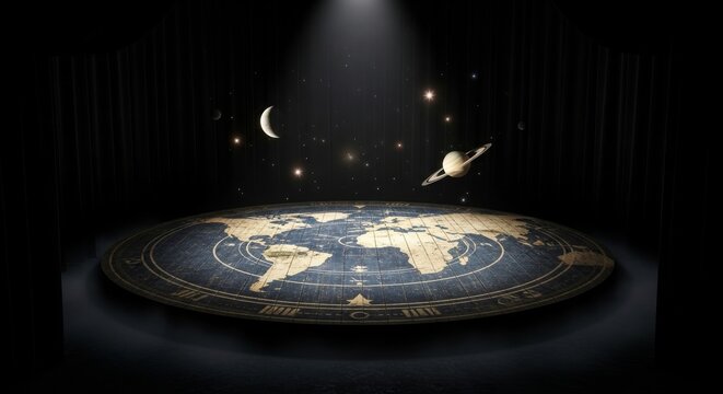 Flat Earth Map Under Cosmic Sky with Moon and Saturn