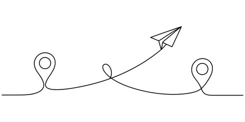 Continuous one line drawing of a paper airplane flying between two location map pins showing travel route and journey concept art Vector, illustration © Single Line 2019